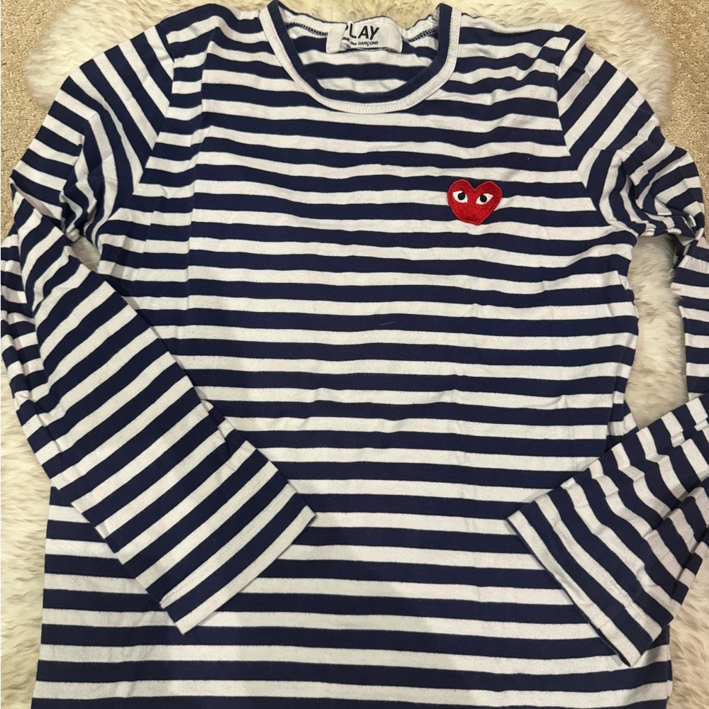 Comme des Garcons Navy and White Striped Short Sleeve Tee
